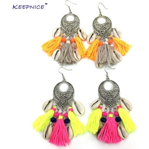 New Long fringe tassel earrings Bohemia boho pink earrings shell beads pendants chandelier Gypsy antique earrings for woman