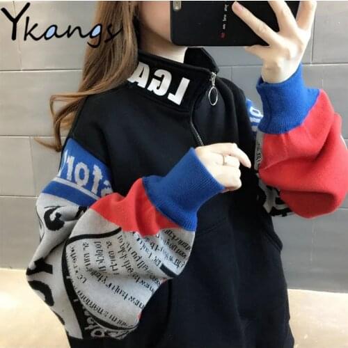 High Street Loose Harajuku Letter Pullover Women Thicker Warm Patchwork Sweatshirt Baggy Korean Turtleneck Chic BF Tops Female