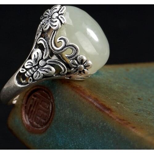 Silver S990 Retro Butterfly Flower Inlaid Natural Hetian Jade White Jade Female High-end Open Silver Ring Wholesale