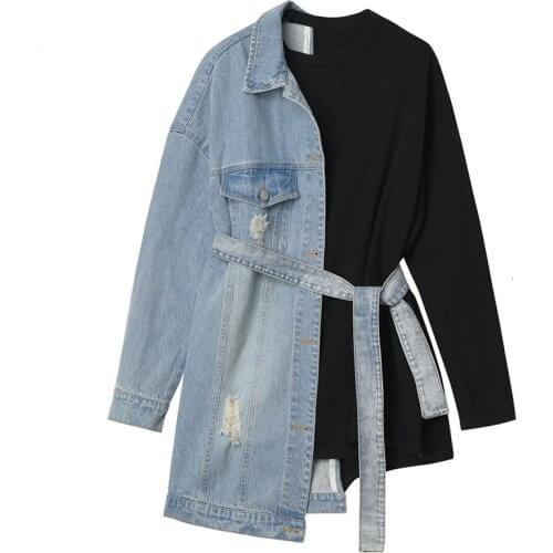 NEWDISCVRY Loose Fit Denim Split Bandage Sweatshirt 2020 Spring New Round Neck Long Sleeve Women Big Size Fashion Tide