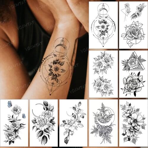 Waterproof Temporary Tattoo Sticker Geometric Dotted Line Flower Moon Tattoo Arm Flash Tatto Woman Man Child Fake Tatoo