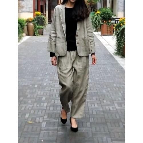 Women Loose Linen Suits Solid Color Vintage Flax Suits Blazer Elastic Waist Pants Female Suits