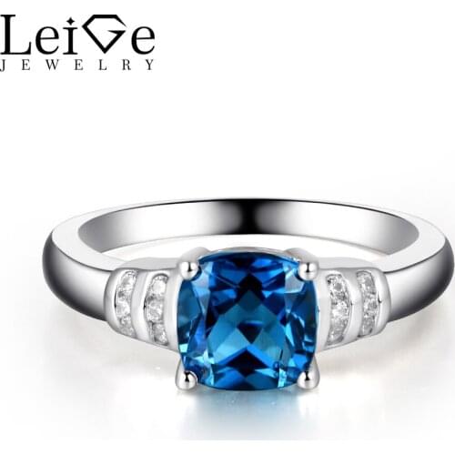Leige Jewelry London Blue Topaz Rings Cushion Cut Engagement Promise Rings for Women 925 Sterling Silver Jewelry Blue Gemstone