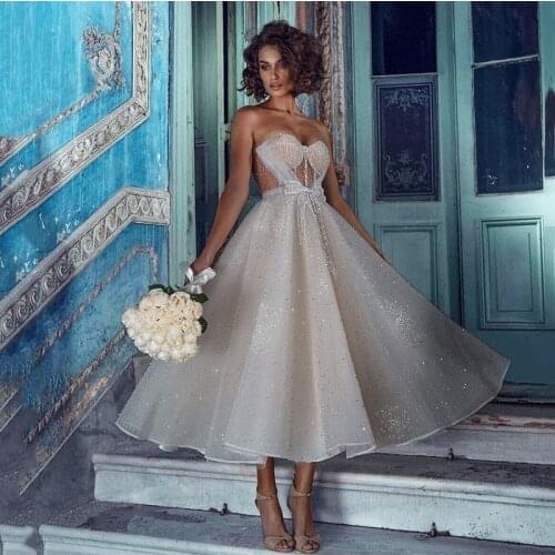 2021 Glitter A Line Short Evening Dresses Sweetheart Boning Fitted Bodice Tea Length Elegant Prom Party Gowns With Belt