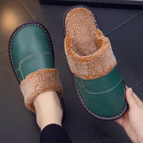 2021 Genuine Leather Waterproof Faux Fur Indoor Slippers Women Winter Non-Slip Warm Plush Home Unisex Slides Outdoor Shoes