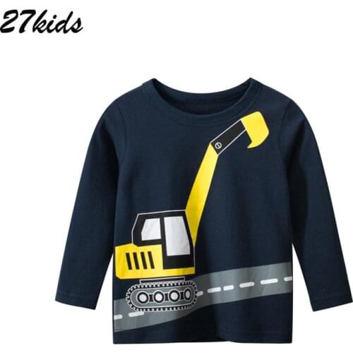 27kids Spring Autumn Boys Clothes Full Sleeve Shirt O-Neck Cotton Excavator T Shirts Childrens Clothing Tops for 2-9 years