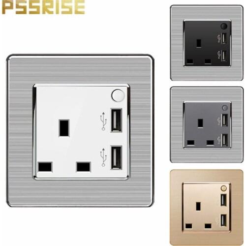 13A British standard single switch double USB switch socket stainless steel panel wall mounted socket grounding