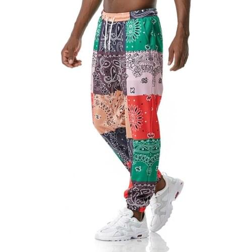 Summer Men Pants Mid Rise Quick Drying Paisley Print Drawstring Ankle Tied Loose Trousers Fitness Overalls Streetwear