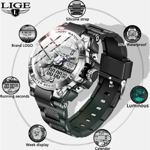 2021 LIGE New Sport Digital Men Watch 50M Waterproof Diving Watches Mens Alarm Clock Quartz Electronic Dual Display Wristwatch