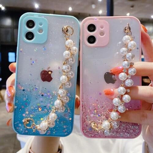 Ottwn Luxury Glitter Pearl Chain Wrist Band Phone Case For iPhone 11 12 Pro Mini X XR XS Max 7 8 Plus Clear Soft TPU Back Cover