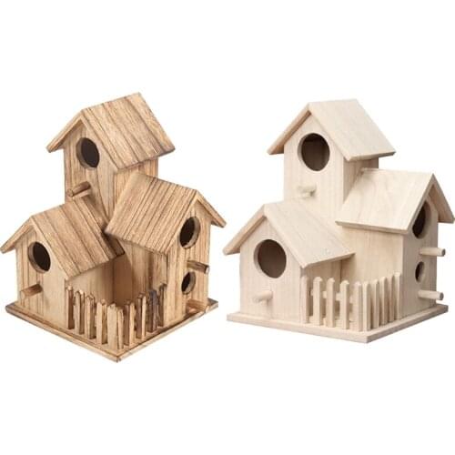 Wooden Bird House for Outside Small Outdoor Garden Bird Nesting Box Handmade Birdhouse with Hole and Fence for Bluebird