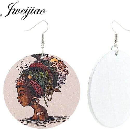 JWEIJIAO Fashion Hiphop Girl Jewelry Queen Afro Melanin Poppin Earrings Pendant Ethnic Natural Wooden Painted Earrings WD56