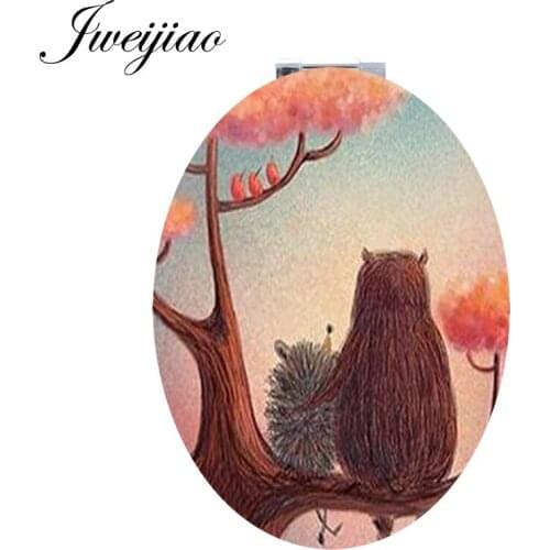 JWEIJIAO Cartoon Coloured drawing Hedgehog Oval pocket mirror Tools Double Sides Accessories leahter Hand Mirror for girls H254