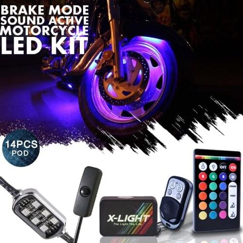 14PCS Motorcycle Car LED Under Glow Lights Strip Kit For Harley Davidson w Power Switch / Music Active / Brake Mode / 18 Colors