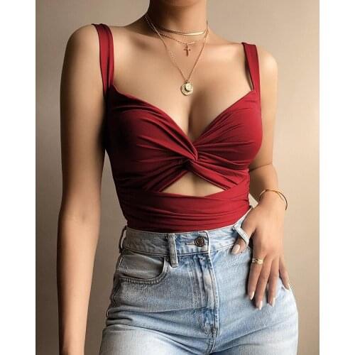 Summer Women Solid Thick Strap Cutout Tank Top 2021 Femme Backless V-Neck Ruched Vest Ladies Sexy Plain Skinny Party Clothing