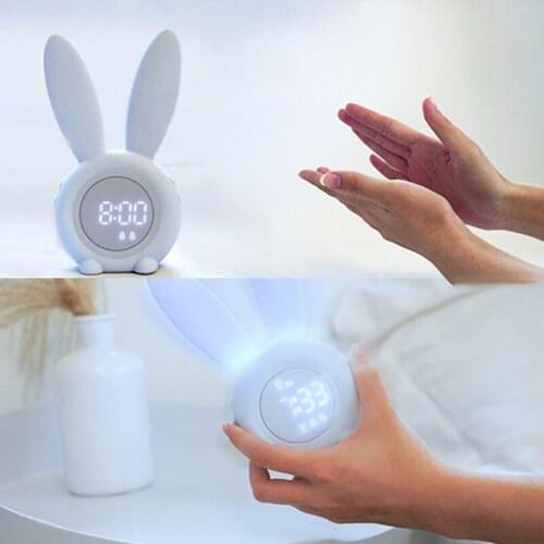 Cute Rabbit Timer Alarm Clock Sound And Light Control Night Light Temperature Calendar Rechargeable For Children Gift can CSV