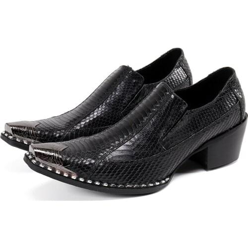 Plus Size47 2020 Luxury Alligator Pointed Toe Man Metal Tipped Oxfords Genuine Leather High Heels Mens Formal Dress Shoes