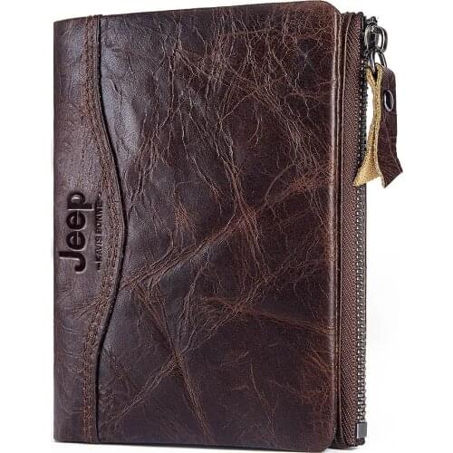 RFID Old Real Cowhide Leather Men Wallet Coin Purse Card Holder Chain PORTFOLIO Portomonee Wallets for Mens Pure Leather Luxury