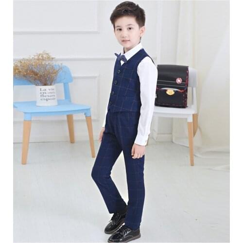 2017 new Children Suit Blazer Boys Formal Suit For Weddings Boys lattice Performance Outfits Vest+Pants+Shirt+bow tie 2T-12T