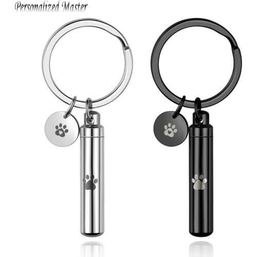 Personalized Master Custom Pet Names Dog Paw Cylinder Key Chains urn Keychain Ashes Keepsake Dog Cat Memorial Cremation Keyring