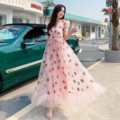 Strawberry Dress Sequined Embroidery Cascading Ruffle Dress Women Summer V-Neck Puff Sleeve Bow Pink Tulle Mesh Long Dresses
