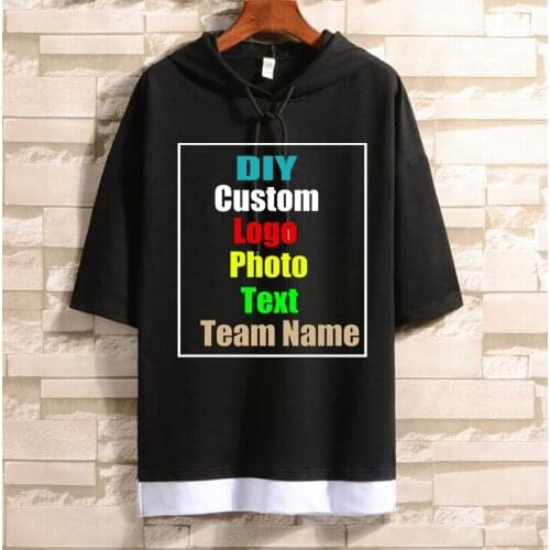Customize your pictures and logo fake two-piece hooded hooded T-shirt short sleeve summer Korean casual five-point sleeve