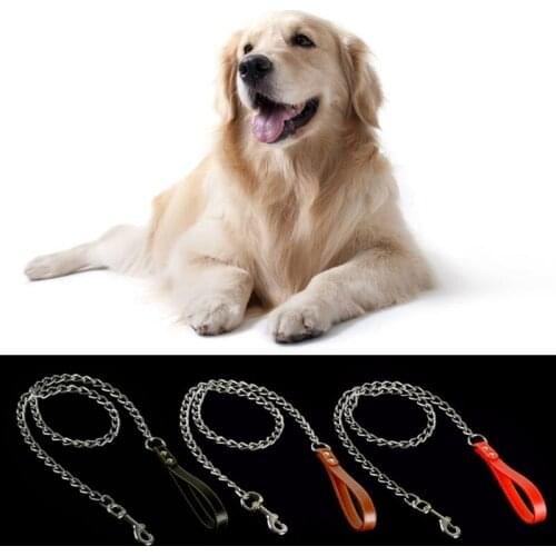 Pet Dog Leash Lead Heavy Duty Bite Proof Chain Training Leash Leather Handle