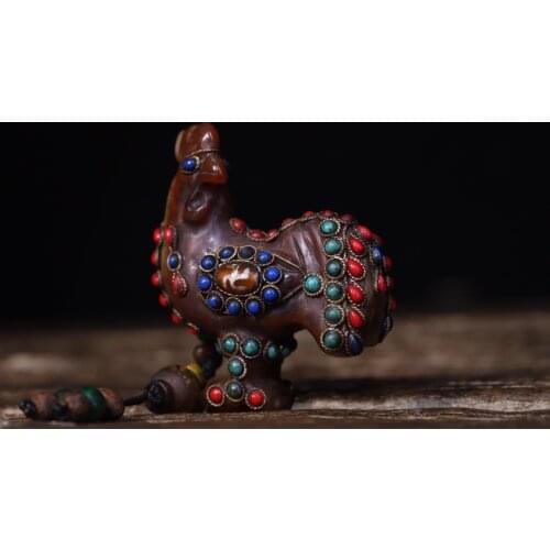 Old Natural agate Filigree mosaic Gem Dzi Bead Rooster statue Golden Rooster Independence Pendant Amulet Town House Exorcism