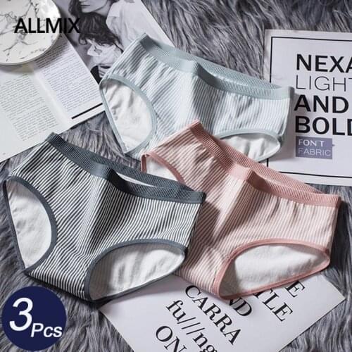 ALLMIX 3Pcs/lot Sexy Womens Cute Cotton Panties Underwear Seamless striped Briefs Mid Waist Comfort Breathable Lady Lingerie