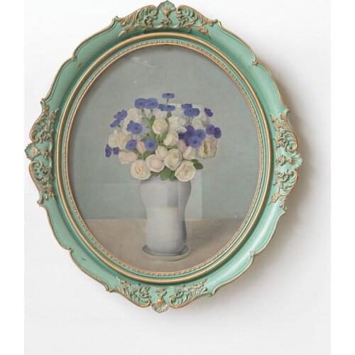 Vintage literary style rose flower still life decoration painting with Elizabethan pink green carved round frame gift box