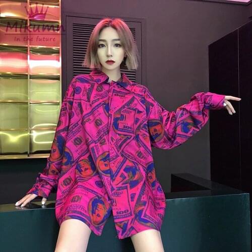 Spring Summer Harajuku Blouses Women Loose Vintage Print Long Sleeve Shirts Female Top Punk Hip Hop Fashion Streetwear