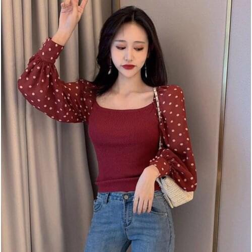 Casual Dot Print T Shirt Women Long Sleeve Patchework Slash Neck Sexy Tops Chic Vintage Autumn Long Sleeve Streetwear