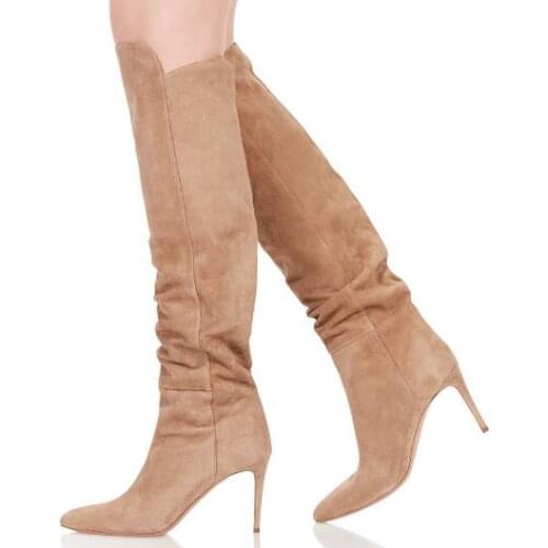 2018 Winter New Brand Women Fashion Solid Nude Black Color Pointed Toe Stiletto Heel Slip On Knee High Long Boots Plus Size 45