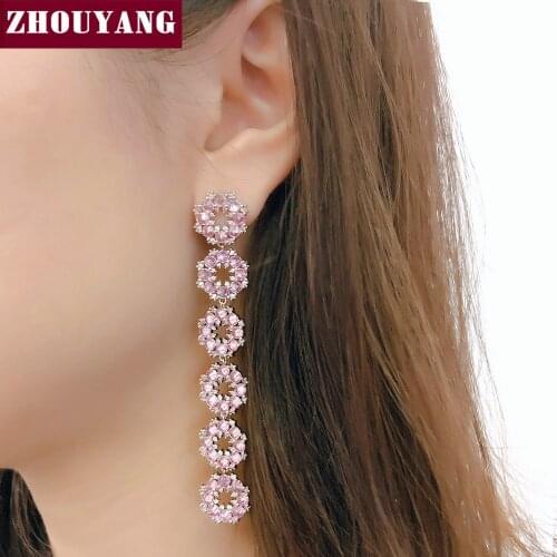 ZHOUYANG Pink Flower Drop Earrings For Women Kpop Romantic Delicate Circle Cubic Zirconia Silver Color Gift Fashion Jewelry E274