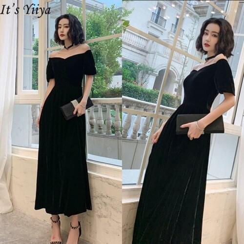Its Yiiya Eveing Dress Black Off Shoulder Ankle-Length Evening Dresses 2020 Plus Size Elegant Formal Dress For Women LF207