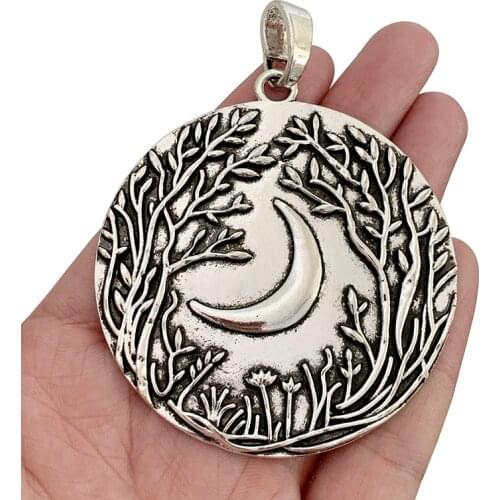 1 x Antique Silver Color Boho Moon Round and Large Tree Charm Pendant for Necklace Jewellery Making Accessories 64x64mm