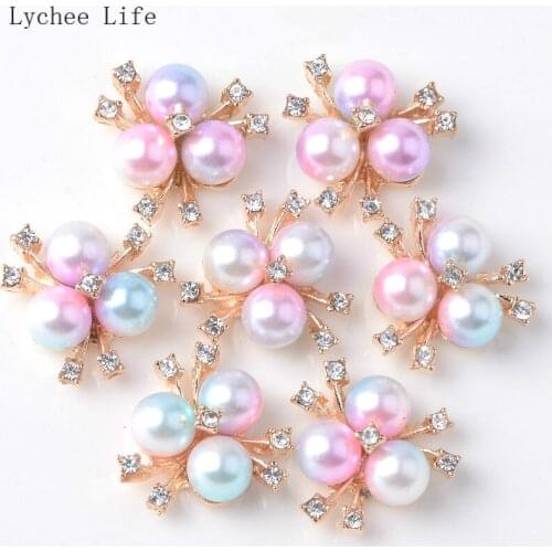 Lychee Life 10Pcs/lot Colorful Flower Pearl Rhinestone Embellishments Buttons Flatback Decorative Sewing Accessories