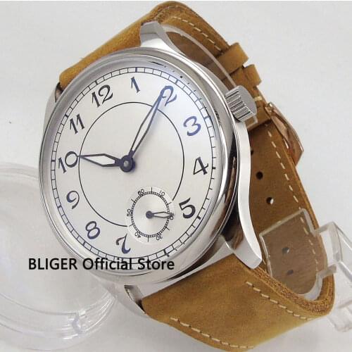44mm White Sterile Face Mens Watch Stainless Steel Watchcase Luminous Pointer 17 Jewels 6498 Hand Manual Movement Wrist Watch