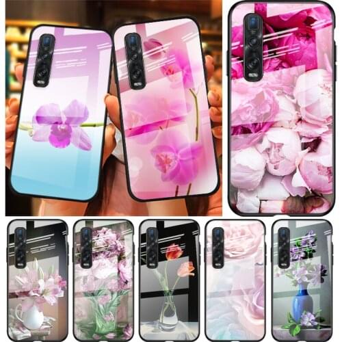 Tempered Glass Cover Pink Flower Peony For OPPO A9 2020 A52 Find X2 Lite Realme 7 7i 6 5 Pro C3 XT Phone Case Shell