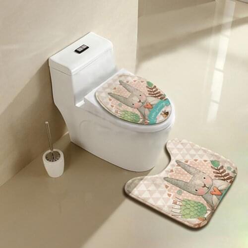 Hot 2Pcs/Set Cartoon Rabbit Bathroom Toilet Lid Cover Anti-skid Carpet Floor Mat Pad