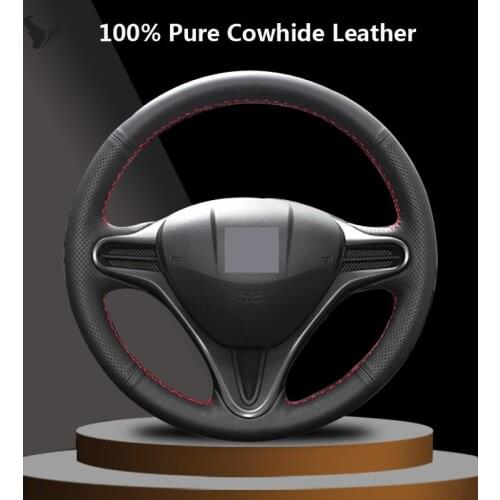 Black Genuine Leather Car Steering Wheel Cover for Honda Fit 2009-2013 City Jazz 2010 2011 2012