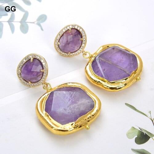 GuaiGuai Jewelry Natural Purple Nugget Amethysts Gold Color Plated Drop Amethyst CZ Paved Stud Earrings For Women