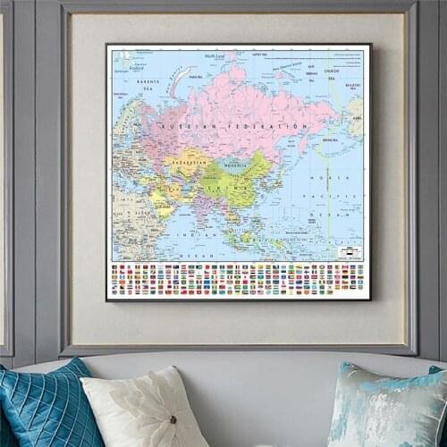 90*90cm Map Of Asia With National Flag Non-woven Canvas Painting Eco-friendly Wall Sticker Poster Living Room Home Decoration