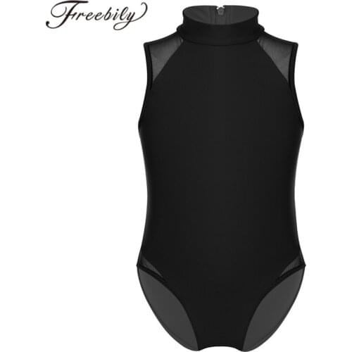 Kids Girls Sleeveless Mock Neck Mesh Splice Back Zipper Closure Ballet Dance Gymnastics Leotard Jumpsuit