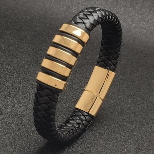 Fashion Leather Bangle for Men Punk Jewelry Male Braided Rope Bracelet Gold Color Stainless Steel Magnet Clasp Wristbands SJ181H