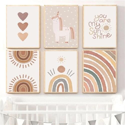 Boho Rainbow Heart Unicorn Bear Wall Art Poster Heart Quotes Canvas Painting Abstract Prints Nursery Baby Kids Room Home Decor