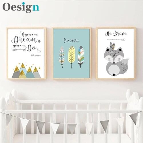 NDITB Tribe Woodland Animal Fox Feather Canvas Art Poster Nursery Print Cartoon Tent Wall Picture for Kids Living Room Decor
