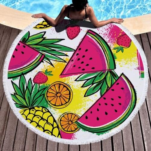 Watermelon Pattern Microfiber Beach Towel 150cm Round Swimming Pool Bath Towel with Tassel Home Travel Sport Yoga Mat