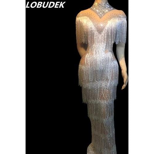 Bling Silver Rhinestones Sexy See-through Mesh Tassels Long Dress Women Singer Birthday Party Dress Nightclub Bar Stage Costumes