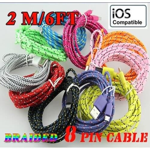 High Quality IOS Colorful 6FT 2M Fabric Nylon Braided Woven USB Charge Cable for iPhoneX 8Plus 8 7Plus 7 6 100pcs/lot